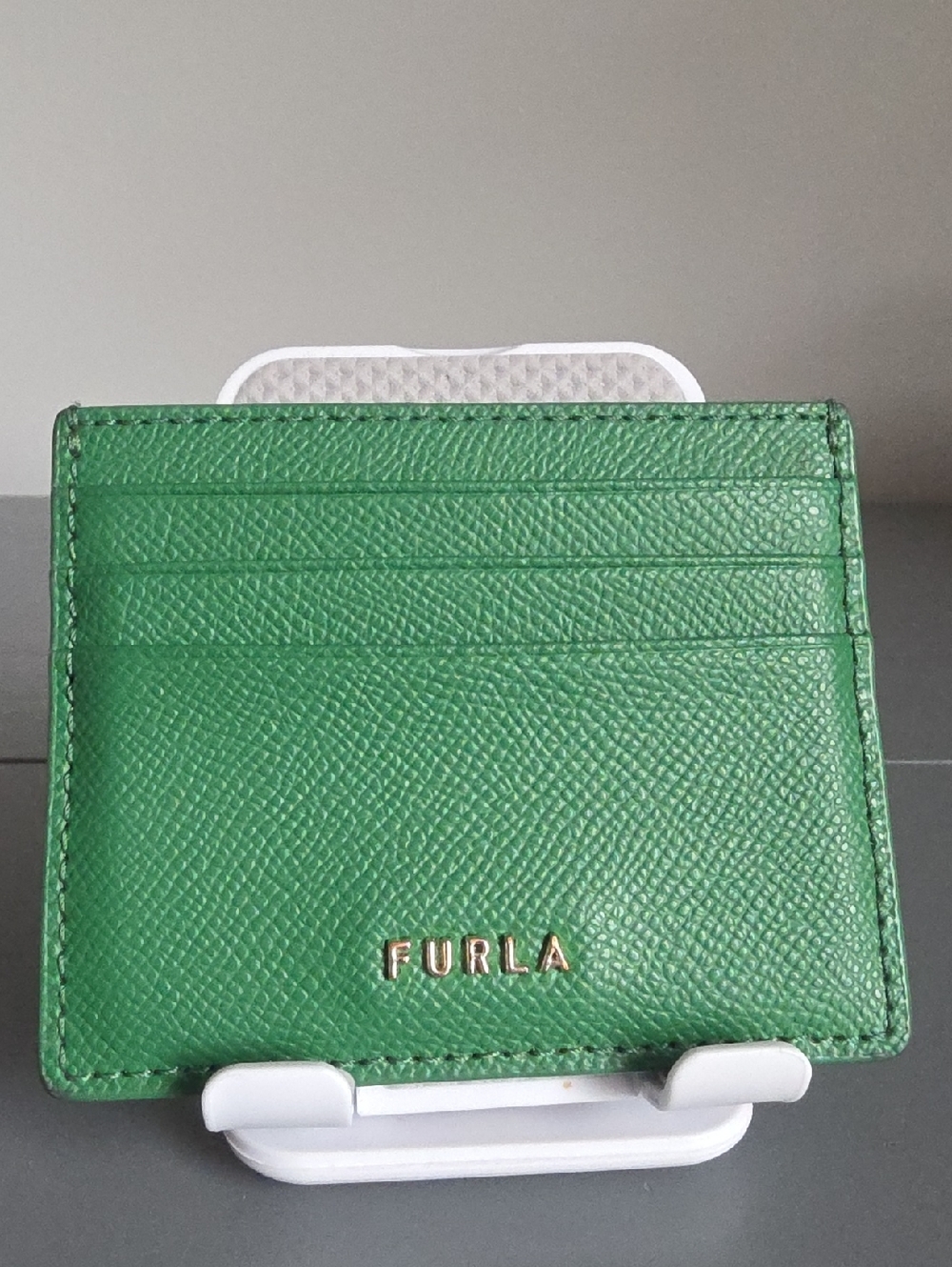 FURLA Emerald Green Leather Card Case with Gold Tone Logo
